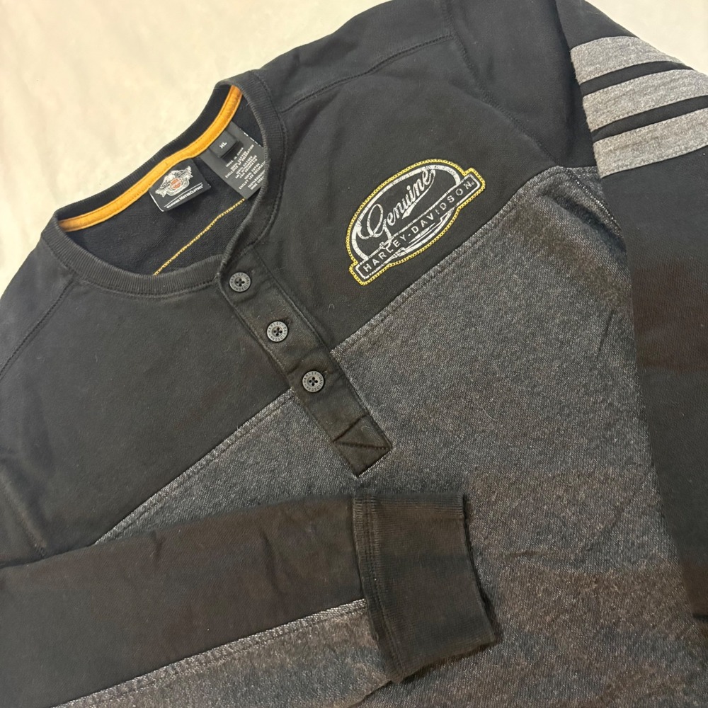 Harley-Davidson Mens Henley Shirt XL Black Charcoal Colorblock Long Sleeve Logo